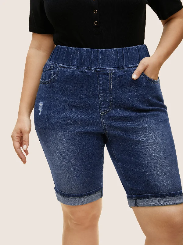 Versatile Wardrobe Essentials Dark Wash Distressed Roll Hem Denim Shorts