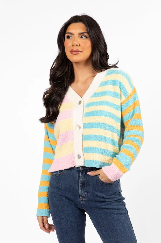 Vibrant Styles Check It Out Yellow, Blue, and Pink Fuzzy Cardigan SALE