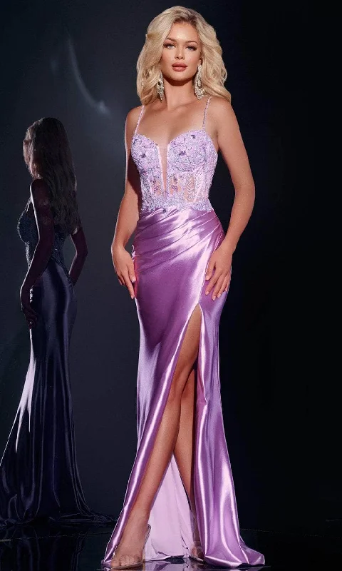 Women's High-Fashion Attire Feminine Soft - Hued Styles Jovani 43569 - Plunging V-Neck Satin Prom Gown Women's High-Fashion Attire Feminine Soft - Hued Styles Jovani 43569 - Plunging V-Neck Satin Prom Gown