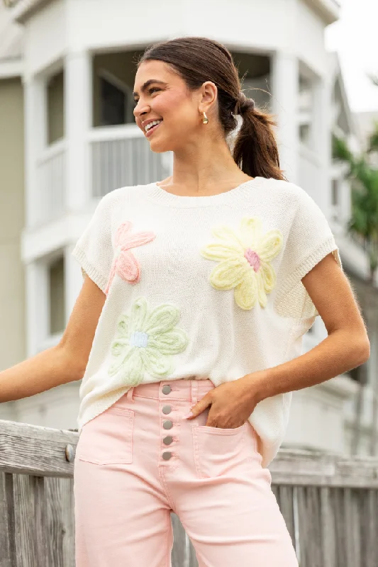 Casual Garments For Women Now On Sale For Chic Urban Styles Blooming Joy Ivory Multi Flower Embroidered Short Sleeve Sweater Casual Garments For Women Now On Sale For Chic Urban Styles Blooming Joy Ivory Multi Flower Embroidered Short Sleeve Sweater