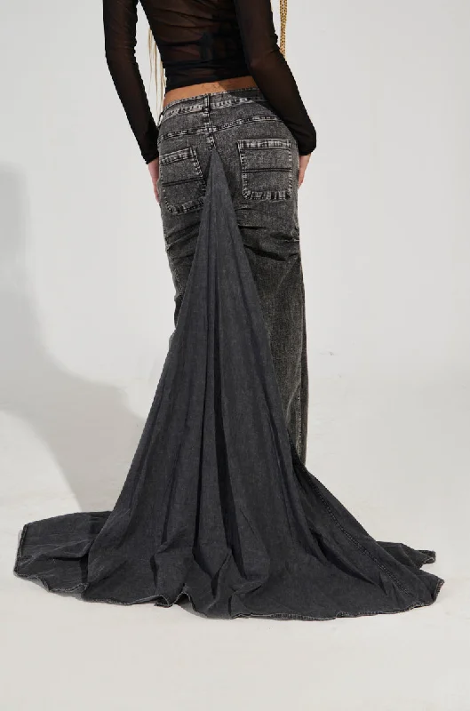 Limited - Time Bundle OH THE DRAMA DENIM MAXI SKIRT WITH TRAIN IN GREY