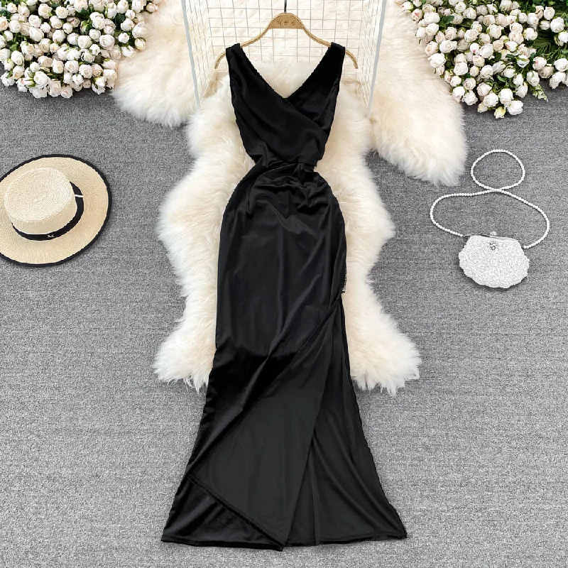 Seasonal Fashion V-neck sexy dress high waist slim sleeveless Hip Wrap Dress long dress  11054