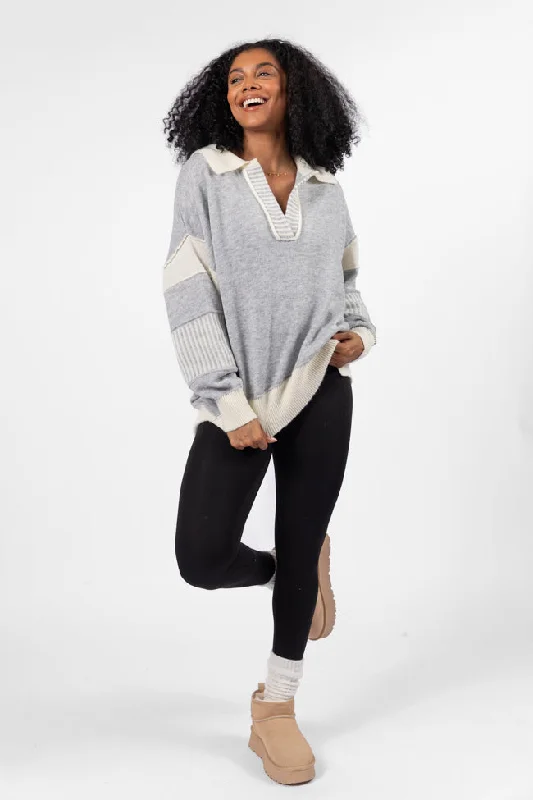 Must-Have Styles Think About It Heather Grey Collared Oversized Sweater