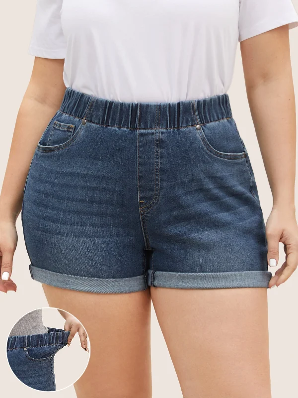 Weekend Exclusive Dark Wash Elastic Waist Roll Hem Denim Shorts