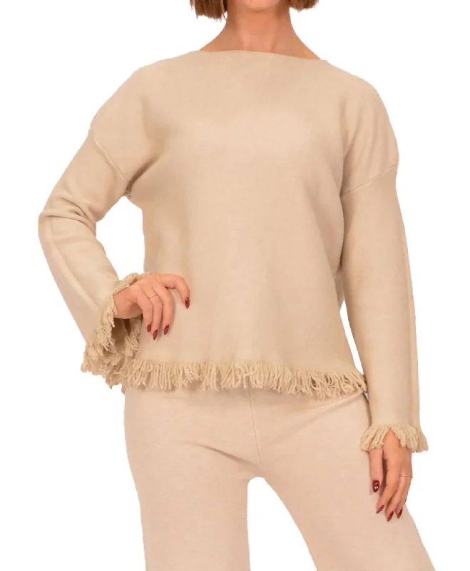 Luxe Layering Frayed Edge Sweater In Beige