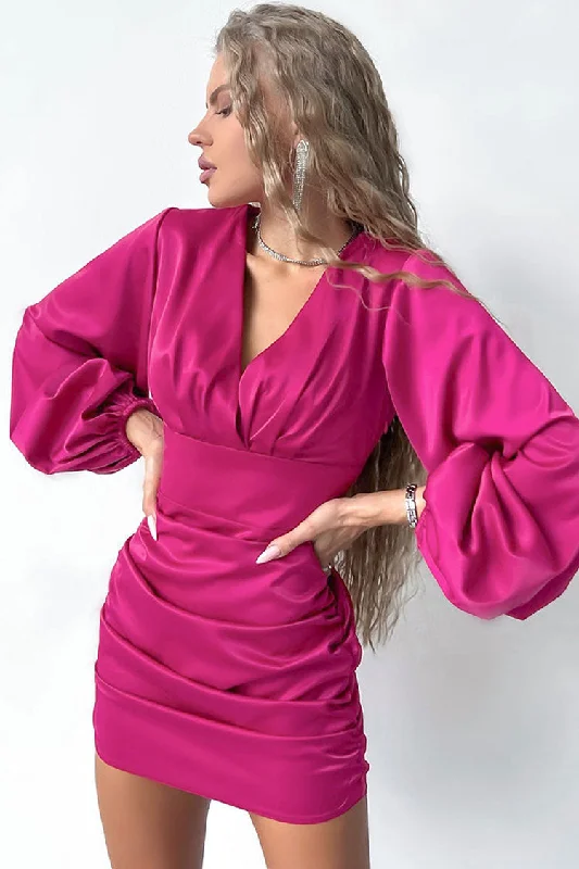 Crazy Price Slashing Chic Deep V Bishop Sleeve Ruched Bodycon Party Mini Dress - Hot Pink