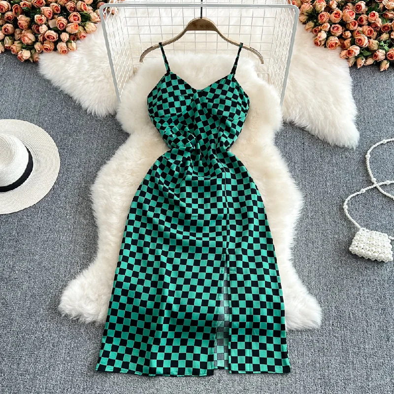 Style Upgrade Fashion sleeveless backless split V-neck checkerboard dress  11126