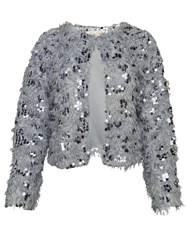 Travel Essentials Women's Feathered Sequin Cardigan In Silver