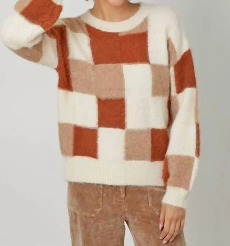 Chic Style Color Mosaic Pullover Sweater In Rust/ivory