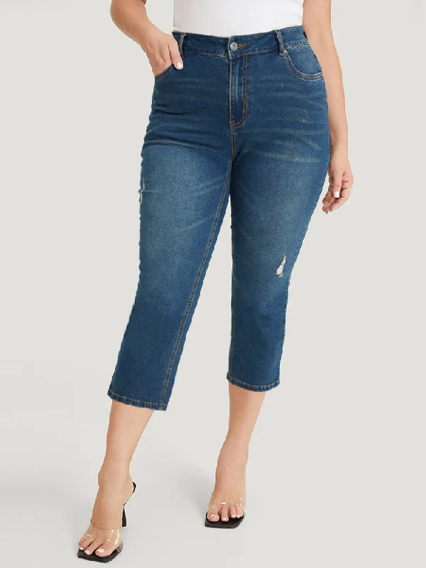 Embrace New Fashion Very Stretchy High Rise Medium Wash Ripped Detail Cropped Jeans