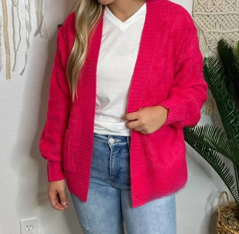 New Styles Just In Fluffy Checker Cardigan In Hot Pink