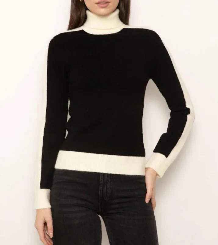 Women's Travel Attire Vintage Retro Party Wear Jett Turtleneck With Striped Panels In Black Women's Travel Attire Vintage Retro Party Wear Jett Turtleneck With Striped Panels In Black