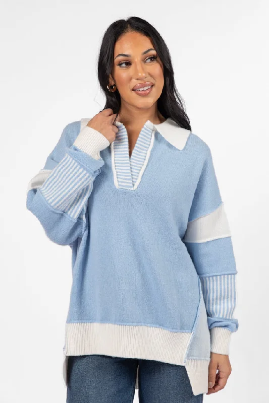 Casual Chic Think About It Sky Blue Collared Oversized Sweater