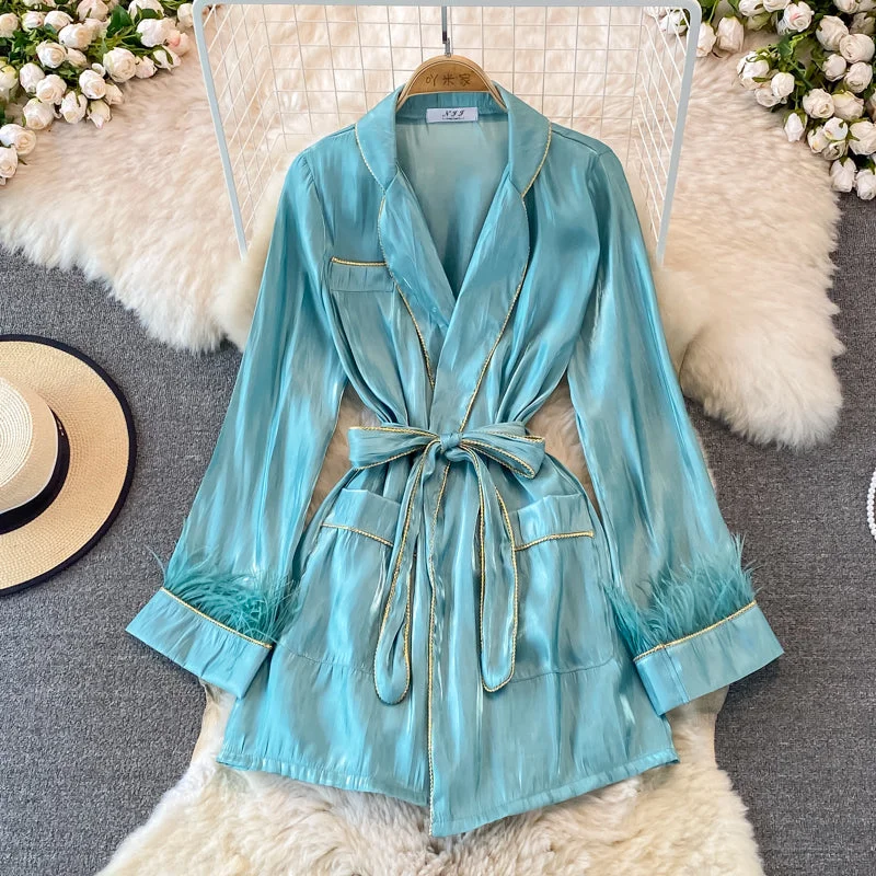 Flash Sale Celebrity style acetate Satin Long Sleeve waist closing shirt dress  3269